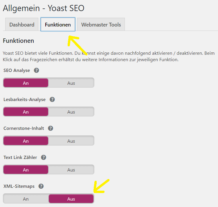 Screenshot Yoast SEO - Pfad über Allgemeines, Funktionen und XML-Sitemaps.